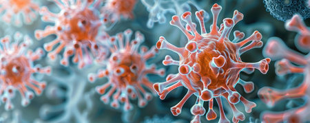 Focused view on orange virus, surrounded by other viruses in the background, demonstrating expert perspective and precisionの写真素材