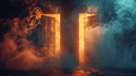 Two slightly open doors with orange and blue smoke, symbolizing the choice of pathの写真素材