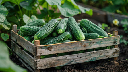 Freshly picked cucumbers in a wooden box in the garden or greenhouseの写真素材