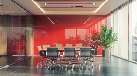 Modern boardroom with long table, comfortable chairs and red feature wallの写真素材
