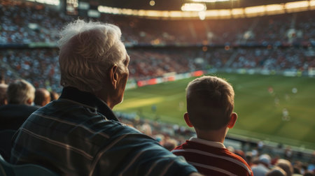 Grandfather and grandson sit on the stands stadium and watch football game, view from the backの写真素材