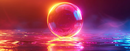 Neon glowing sphere on bright gradient neon backgroundの写真素材