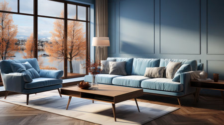 Living room interior with light blue walls and matching furniture, large windows letting in natural light and coffee tableの写真素材