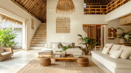 Bali villa with spacious living room with light sofas and bamboo accentsの写真素材