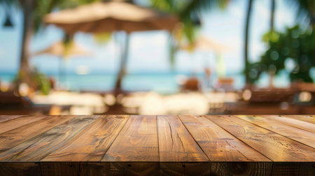 Empty wooden tabletop and blurred background of summer resort beach bar for display or montage your productsの写真素材
