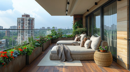 Beautiful stylish balcony with two lounge bed from natural material decorations and green potted flowers plants with city backgroundの写真素材