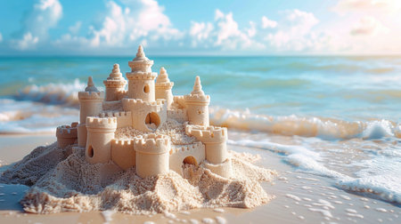 Sculpture of a sand castle built by children on the shore of summer beachの写真素材