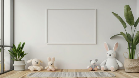 Children's room interior with empty frame on white wall