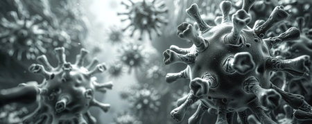 Virus on blurred gray background with floating virusesの写真素材