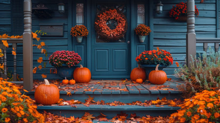 Fall wreath on blue farmhouse front door and fall flowers with pumpkins on porchの写真素材