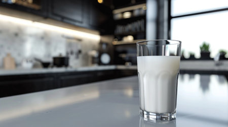 Glass of milk on kitchen worktop in modern white and black kitchenの写真素材