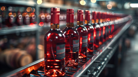 Red wine bottle filling line on wine factoryの写真素材