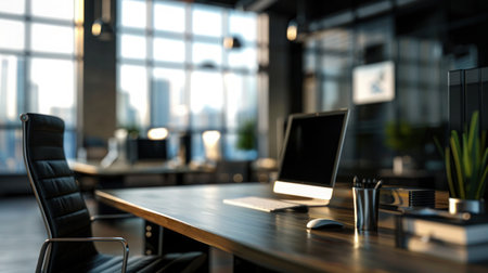 Modern software development company office with desktop, monitor and keyboardの写真素材