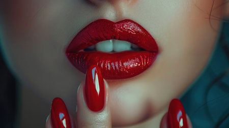 Lady touching red lips with her fashion red nails manicureの写真素材