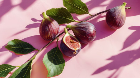 Ripe figs with leaves and shadows on pink background