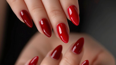 Glamor woman hands with red nail polish on her fingernails
