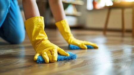 A woman in yellow rubber gloves rubs the floor with special cleaning napkinsの写真素材