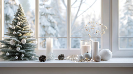 Christmas tree and white decor on the windowsill in Scandinavian interiorの写真素材