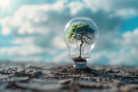 Tree growth in light bulb against a blue sky with cloudsの写真素材