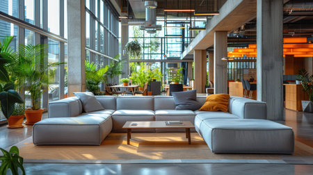 Modern bright office with an open, collaborative space, shared tables and comfortable lounging areas...