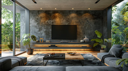 Interior of modern living room with gray couches, small table and flat screen tv