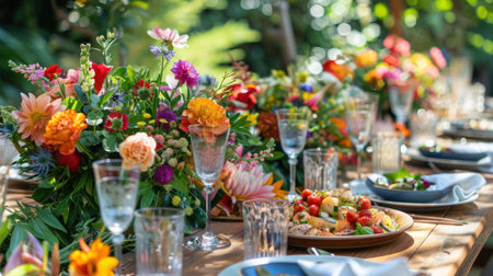 Long garden table decorated with floral arrangements is set for festive event. Food platters, wine glasses and bright floral decorの写真素材