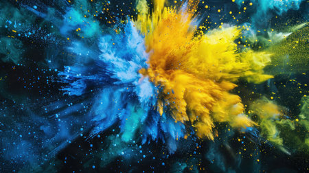 Abstract explosion of bright blue and yellow dust in the air, freezing movement of colorful powder on dark backgroundの写真素材