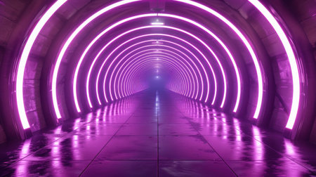 Abstract futuristic tunnel with purple neon lines, 3D render, design spaceの写真素材