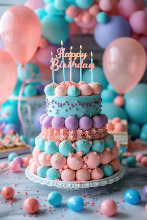 Bright two-tier birthday cake with candles and pastel color balloons
