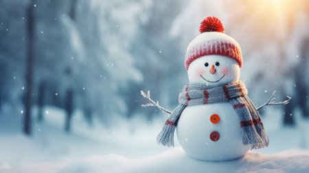 Funny snowman in hat and scarf on background of snow-covered Christmas treeの写真素材