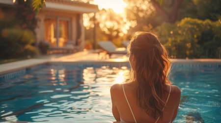 Young European woman relaxes in the pool at her villa. View from back. Summer concept about...