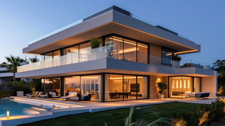 Modern luxury two-story villa with glass exterior, pool and evening lightingの写真素材