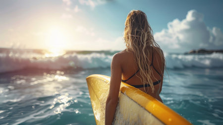 Young blonde with a surfboard getting ready to catch waves in the ocean. Concept active lifestyle. View from the backの写真素材