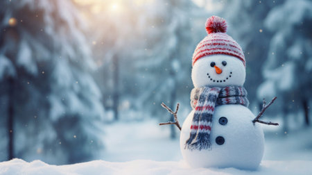 Funny snowman in hat and scarf on background of snow-covered Christmas tree