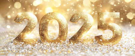 Shining gold numbers 2025 symbol of the new year with beautiful bokeh lightsの写真素材