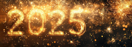Shining golden numbers 2025 on New Year Background with fireworks and salutes