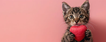 Kitten holding red heart on pink background, copy space, Valentine's Day bannerの写真素材