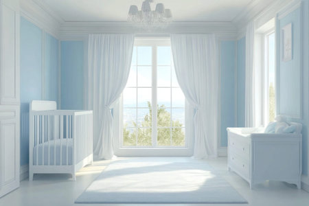 Minimalistic newborn baby room with light blue walls and sea viewの写真素材