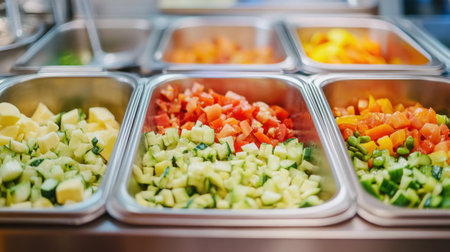 Chopped vegetables placed in metal gastronomy containers ready for use in salads or other dishes, catering buffetの写真素材