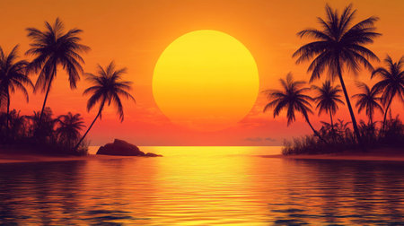 Tropical sunset with palm trees and sea on orange background