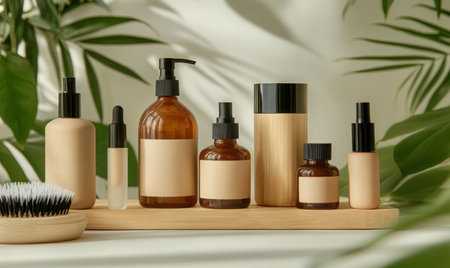 Mockup of plastic bottles with natural organic cosmetics and one massage brush on wooden boardの写真素材