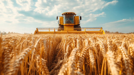 Modern industrial combine harvester harvesting wheatの写真素材