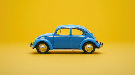 Blue retro toy car on yellow backgroundの写真素材