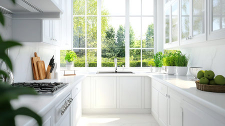 Monochromatic kitchen with crisp white cabinets and garden view from window