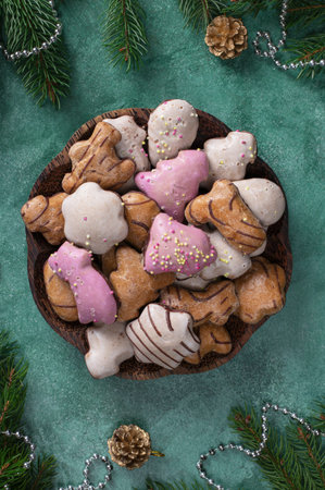 Traditional German gingerbread with multi-colored glaze on wooden plate
