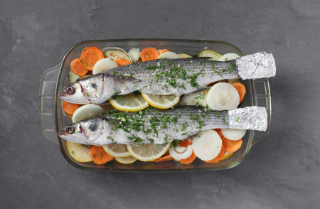Mullet seasoned with lemon and spices is prepared for roasting together with vegetables in glass dishの写真素材