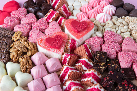 Sweets board assorted for Valentines Day on pink background, Closeup