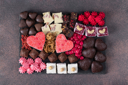 Snacks dessert for romantic Valentines Day, Top view