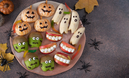Creepy banana ghost monsters, tangerine and kiwi monsters, apple jaws with marshmallow for Halloween party on brown background, decorated with spidersの写真素材