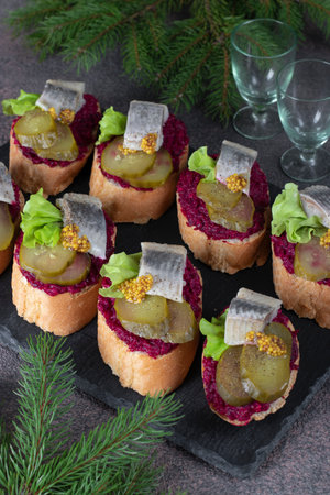 Bruschetta with herring, beetroot and pickled cucumber on slate boardの写真素材